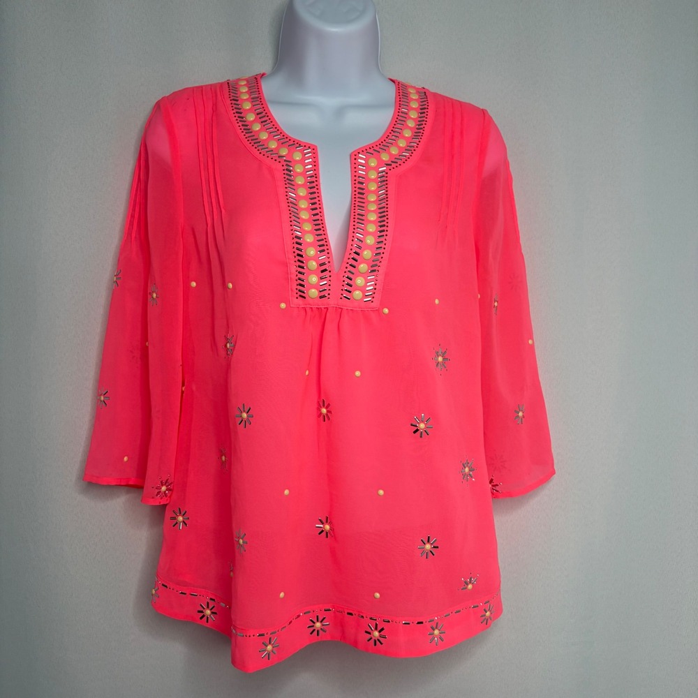 Victorias Secret Neon Pink Beaded Tunic Blouse Sheer 3/4 Sleeve XS